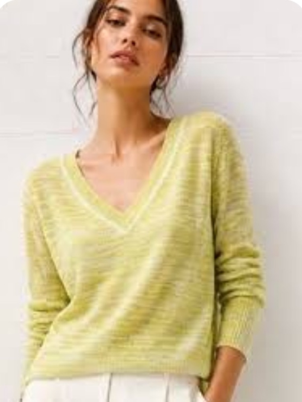 Anthropologie V-Neck Lightweight Sweater by Moth in Pale Lime Green